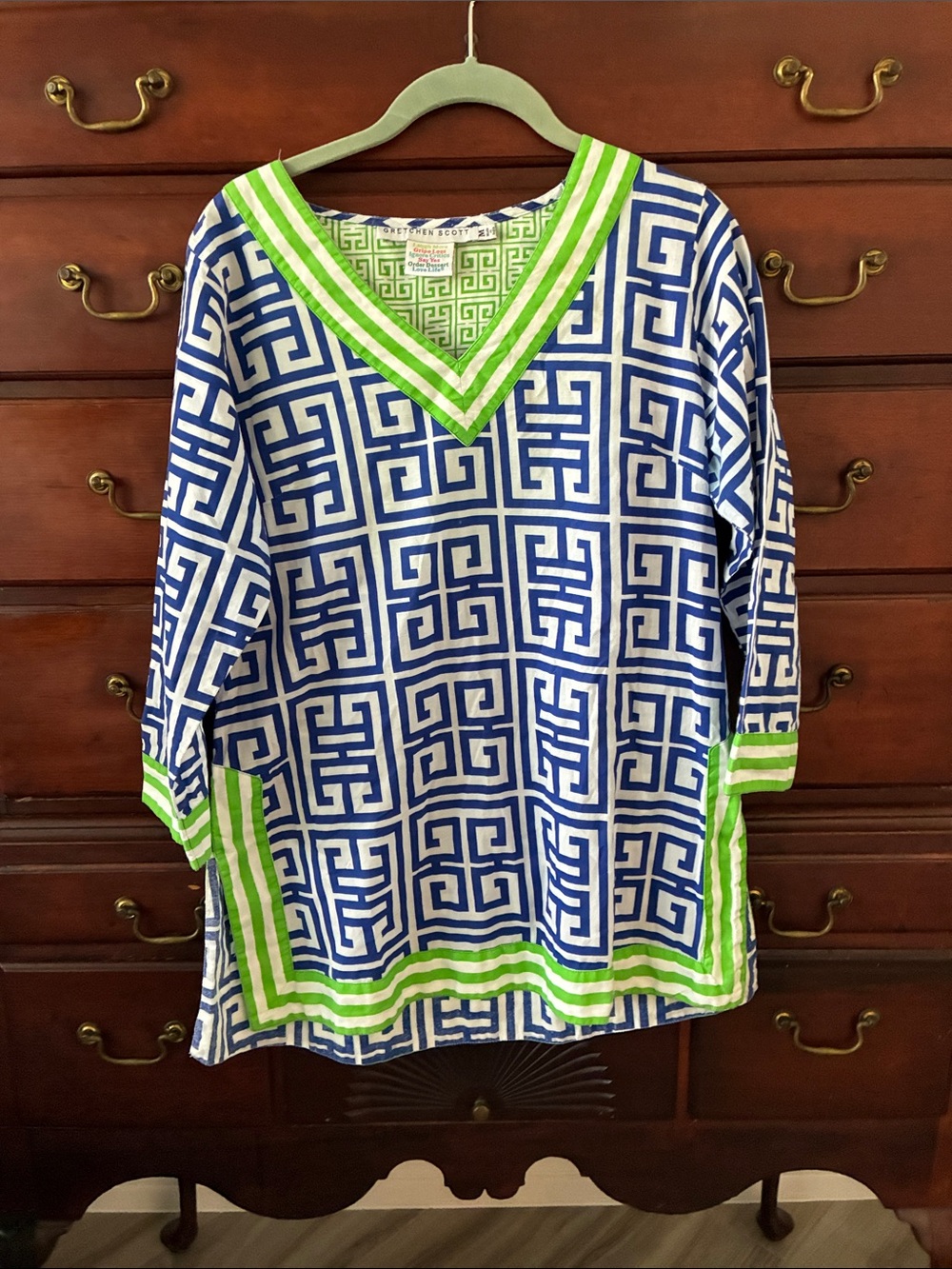 Gretchen Scott Green, White & Blue Geometric V-Neck Top